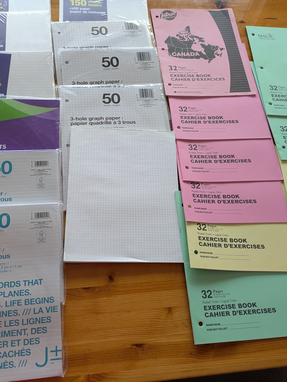 1050 pages refill paper
200 pages graph paper 
10x 32 pages exercise book